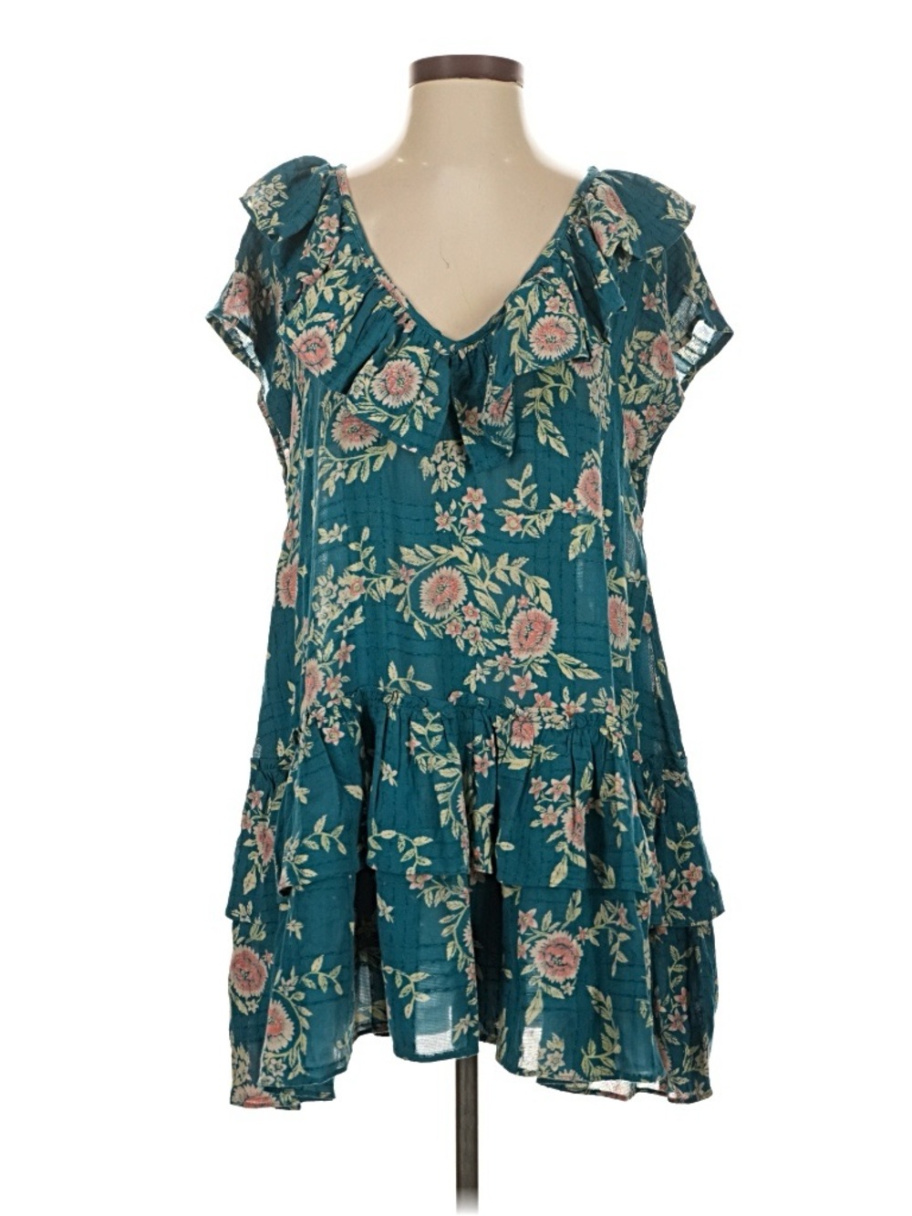 Free people Teal Floral Ruffle V-Neck Women's Dress